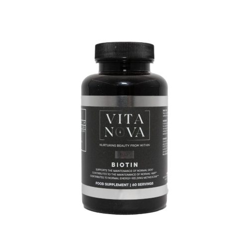 Vita Nova Biotin supplement bottle – a black container with a sleek label featuring the Vita Nova logo and product details. Supports healthy skin, hair, and metabolism. 60 servings.