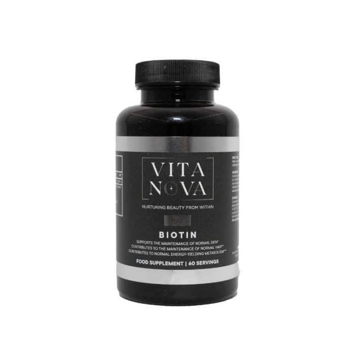 Vita Nova Biotin supplement bottle – a black container with a sleek label featuring the Vita Nova logo and product details. Supports healthy skin, hair, and metabolism. 60 servings.