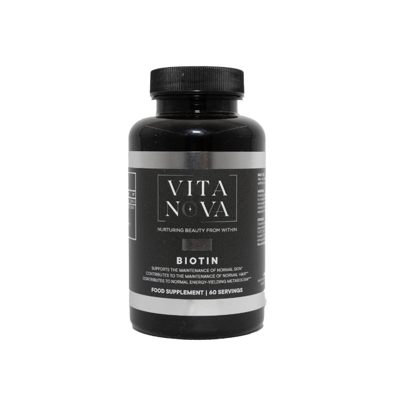 Vita Nova Biotin supplement bottle – a black container with a sleek label featuring the Vita Nova logo and product details. Supports healthy skin, hair, and metabolism. 60 servings.