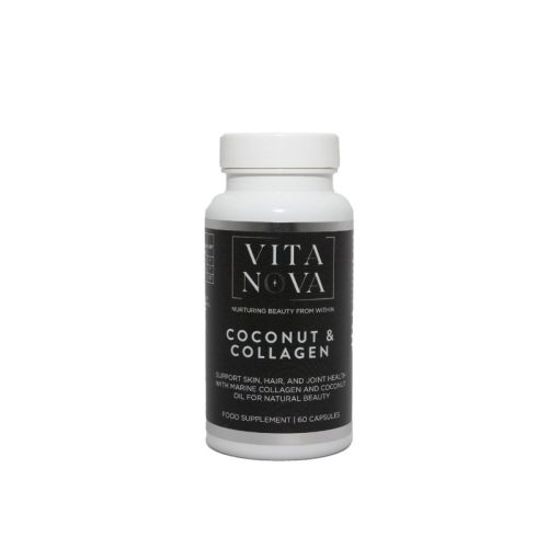 Vita Nova Coconut Collagen supplement bottle – a premium collagen and coconut oil blend designed to support healthy skin, hair, and nails. 60 capsules.