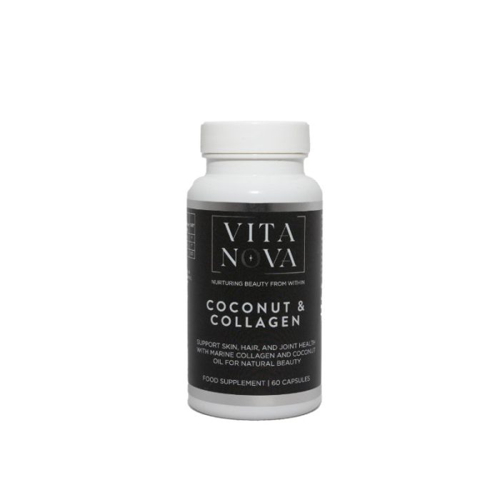 Vita Nova Coconut Collagen supplement bottle – a premium collagen and coconut oil blend designed to support healthy skin, hair, and nails. 60 capsules.