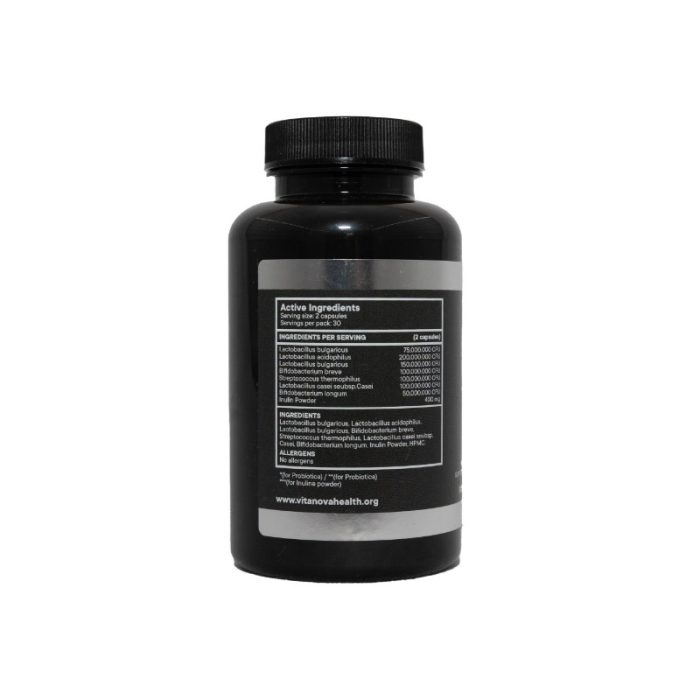 The back view of a bottle of Vita Nova Probiotics, displaying the active ingredients, probiotic strains, serving size, and nutritional information. Contains 30 servings.