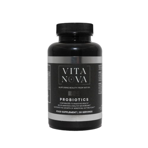 A bottle of Vita Nova Probiotics, a food supplement designed to support digestive health, maintain a healthy microbiome, and promote beneficial gut bacteria. Contains 30 servings.