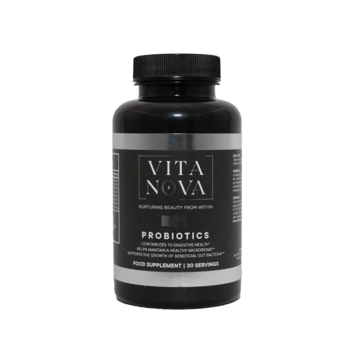 A bottle of Vita Nova Probiotics, a food supplement designed to support digestive health, maintain a healthy microbiome, and promote beneficial gut bacteria. Contains 30 servings.