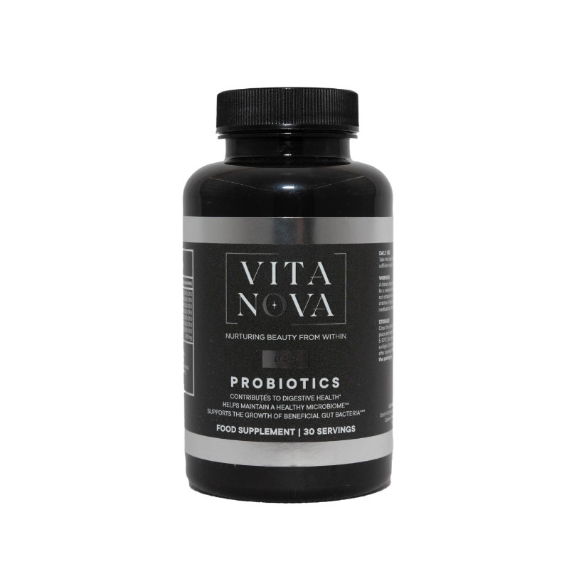 A bottle of Vita Nova Probiotics, a food supplement designed to support digestive health, maintain a healthy microbiome, and promote beneficial gut bacteria. Contains 30 servings.