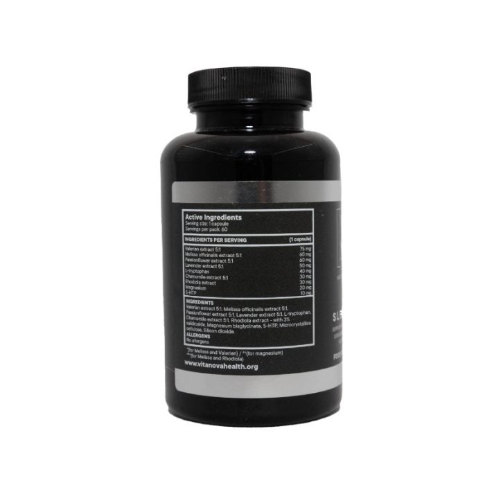 The back view of a bottle of Vita Nova Sleep Formula, displaying the active ingredients, serving size, and nutritional information. Contains 60 servings.