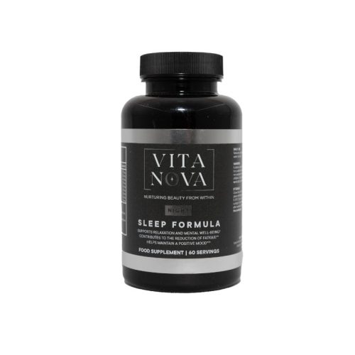 A black bottle of Vita Nova Sleep Formula, a food supplement designed to support relaxation, reduce fatigue, and promote a restful night’s sleep. Contains 60 servings.