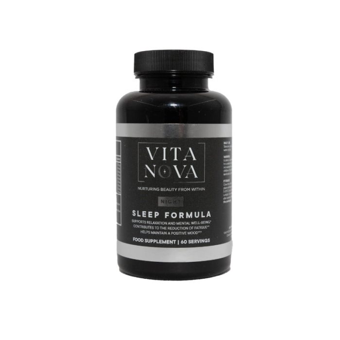A black bottle of Vita Nova Sleep Formula, a food supplement designed to support relaxation, reduce fatigue, and promote a restful night’s sleep. Contains 60 servings.