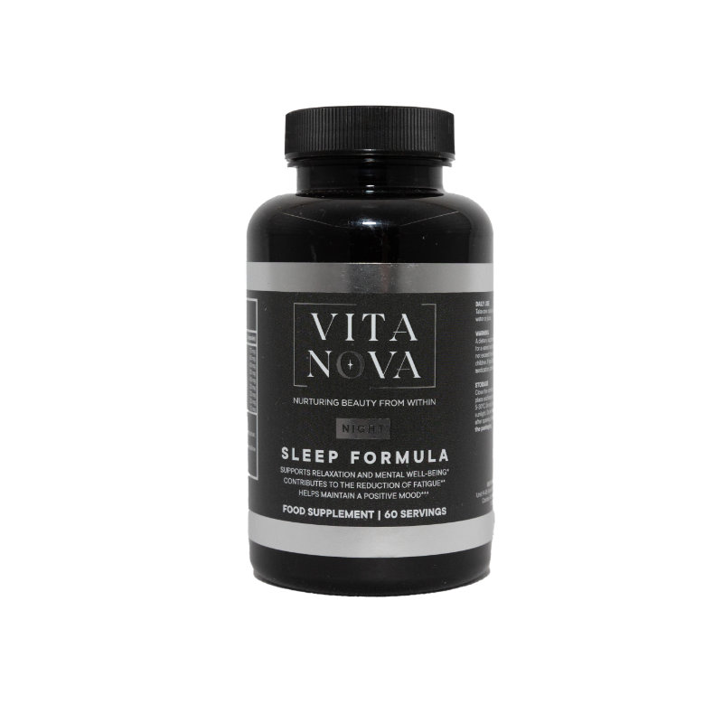 A black bottle of Vita Nova Sleep Formula, a food supplement designed to support relaxation, reduce fatigue, and promote a restful night’s sleep. Contains 60 servings.