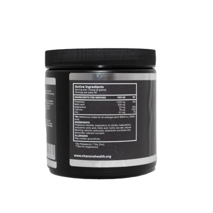 The back view of a jar of Vita Nova Electrolytes, displaying the active ingredients, serving size, and nutritional information. Contains 60 servings.