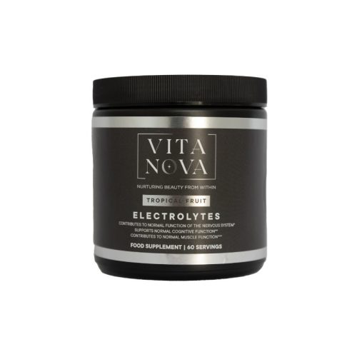 A black jar of Vita Nova Tropical Fruit Electrolytes, a food supplement designed to support hydration, cognitive function, and muscle performance. Contains 60 servings.