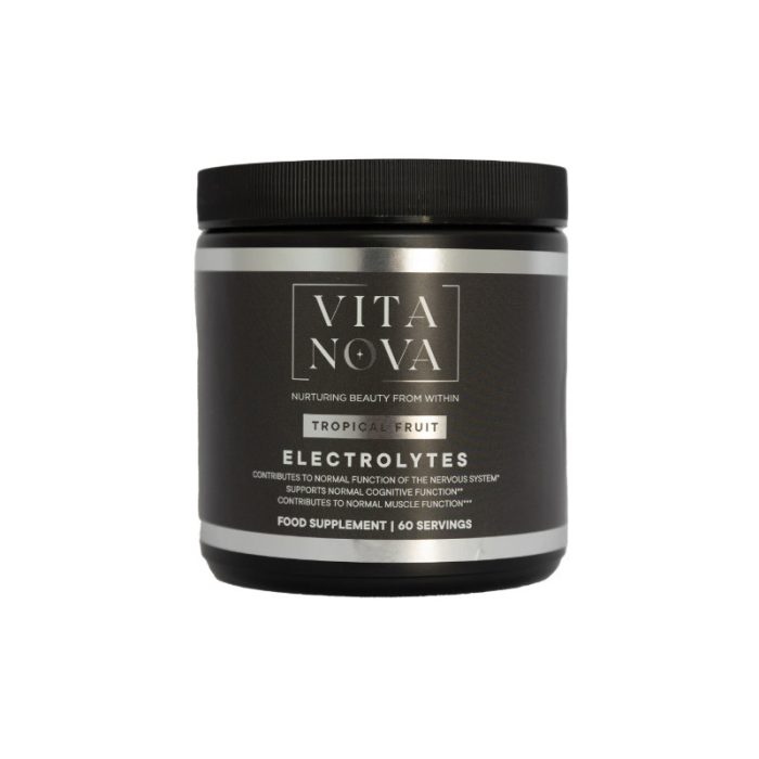 A black jar of Vita Nova Tropical Fruit Electrolytes, a food supplement designed to support hydration, cognitive function, and muscle performance. Contains 60 servings.