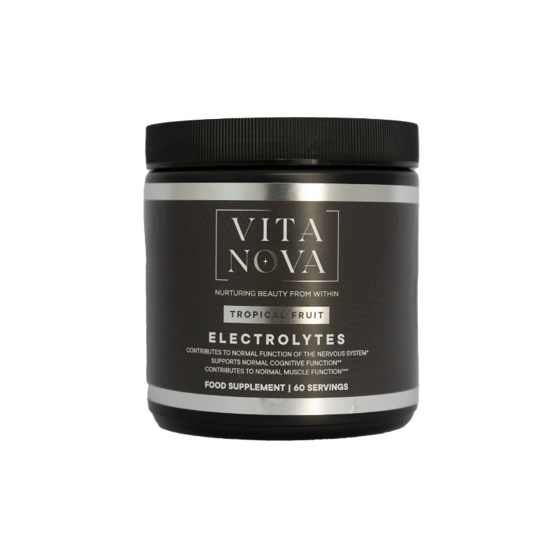 A black jar of Vita Nova Tropical Fruit Electrolytes, a food supplement designed to support hydration, cognitive function, and muscle performance. Contains 60 servings.