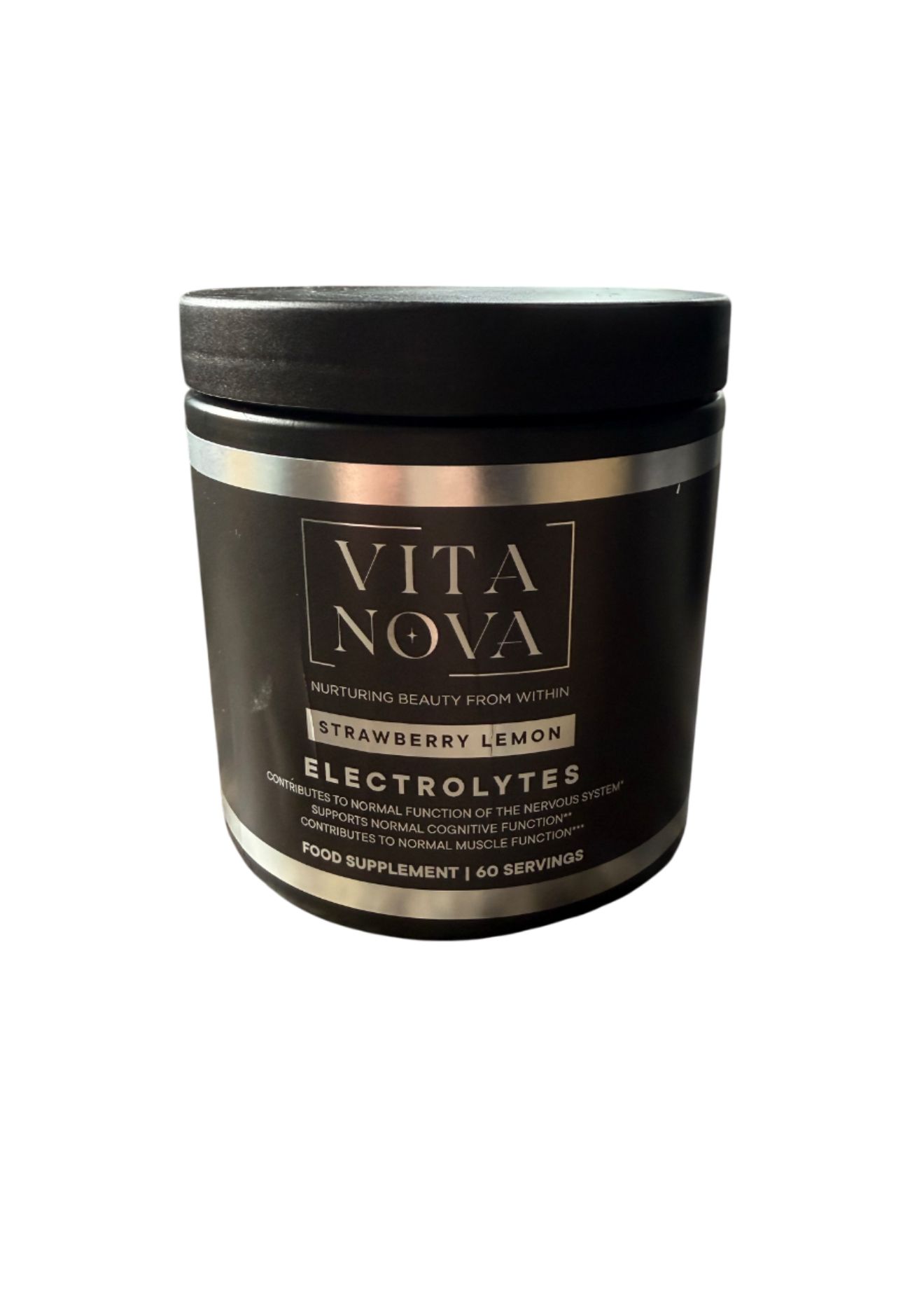 A black jar of Vita Nova Strawberry Lemon Electrolytes, a food supplement designed to support normal nervous system, cognitive, and muscle function. Contains 60 servings.