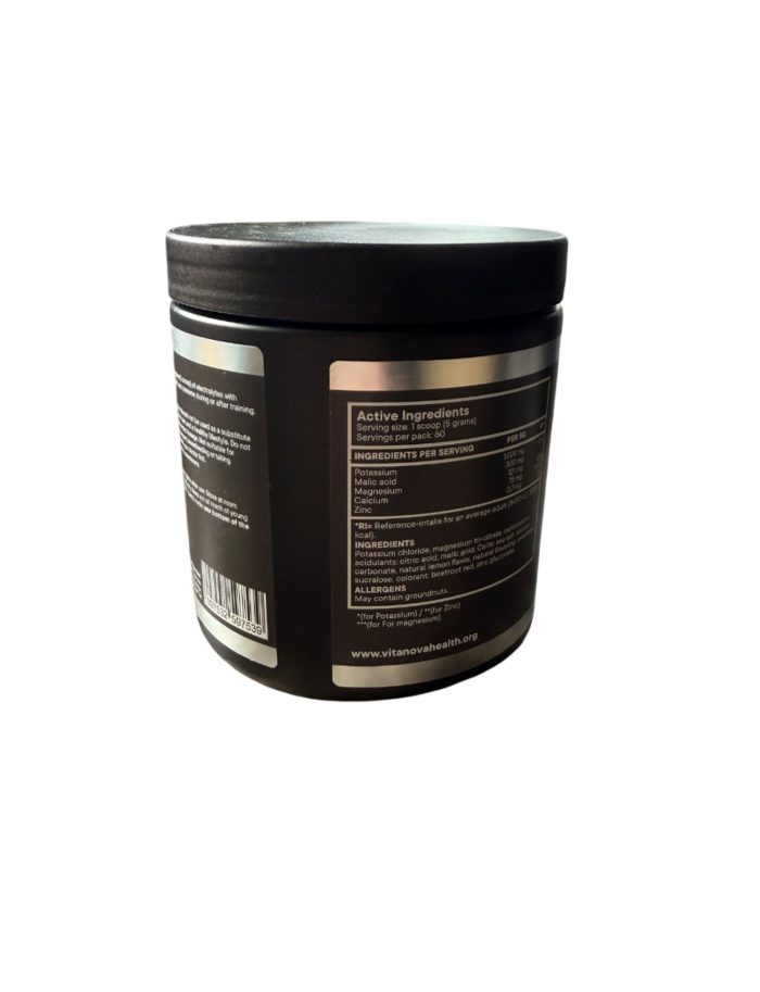 The back view of a jar of Vita Nova Strawberry Lemon Electrolytes, displaying the active ingredients, nutritional information, and allergen warnings. Contains 60 servings.