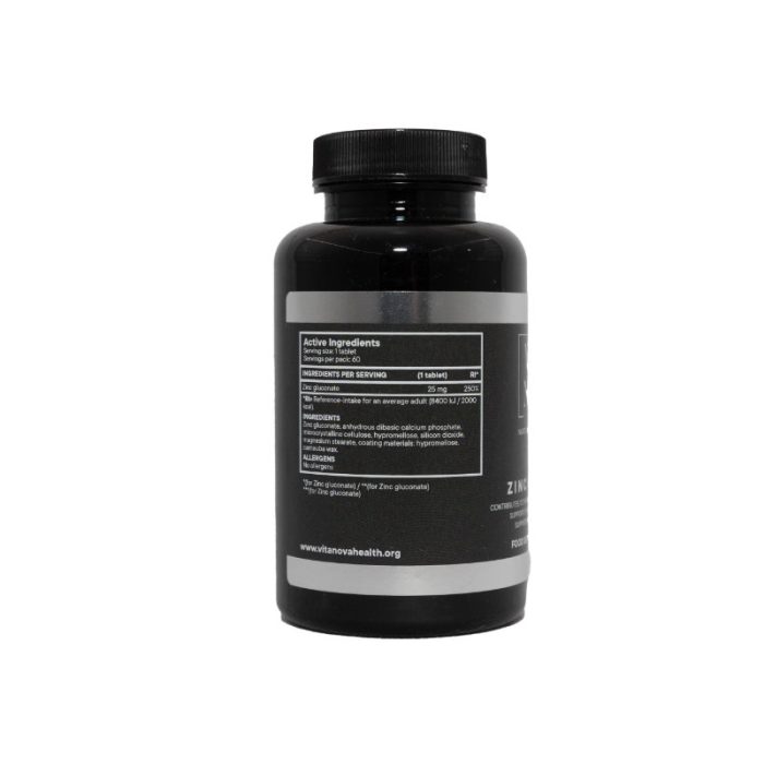 The back view of a bottle of Vita Nova Zinc Gluconate, displaying the active ingredients, serving size, and nutritional information. Contains 60 servings.