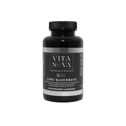 A bottle of Vita Nova Zinc Gluconate, a food supplement designed to support immune function, nail health, and cognitive performance. Contains 60 servings.