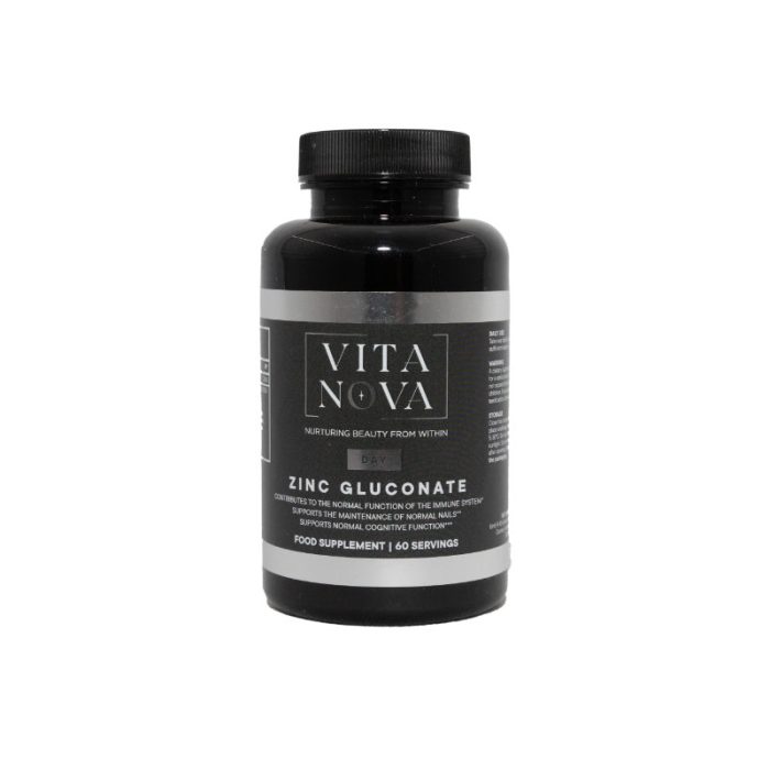 A bottle of Vita Nova Zinc Gluconate, a food supplement designed to support immune function, nail health, and cognitive performance. Contains 60 servings.