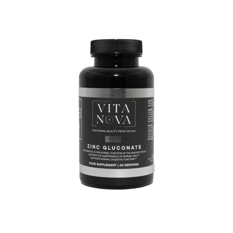 A bottle of Vita Nova Zinc Gluconate, a food supplement designed to support immune function, nail health, and cognitive performance. Contains 60 servings.